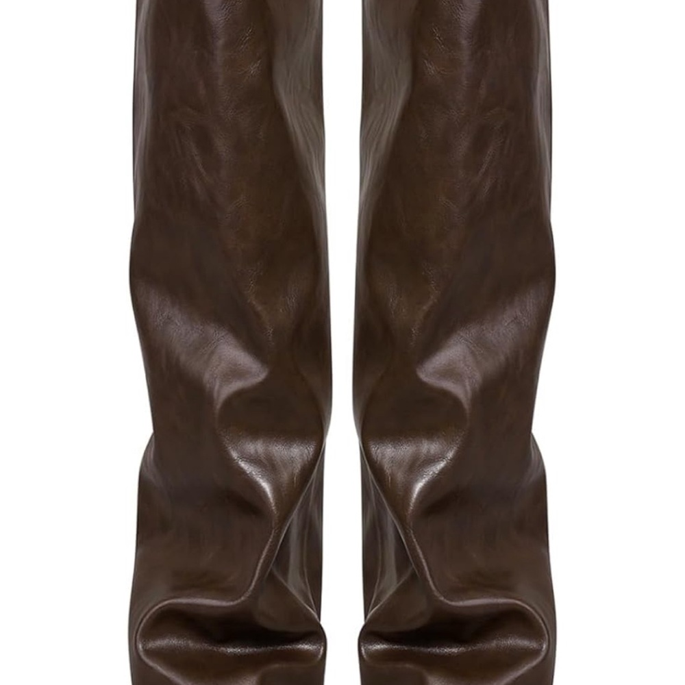 Fold Over Knee High Wide Calf Chunky Heel Long Boots Pointed Toe